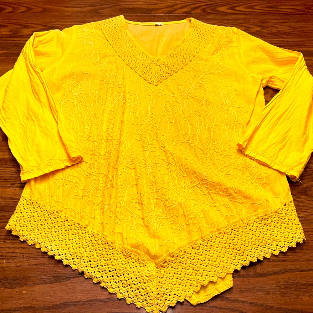 NWOT Sunshine Yellow Top Embroidered & Crocheted Asymmetrical Front Long Sleeves
